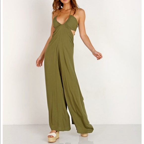 INDAH Jumpsuit Revolve Green Jagger Flare Jumpsuit Olive Hunter Green Small S